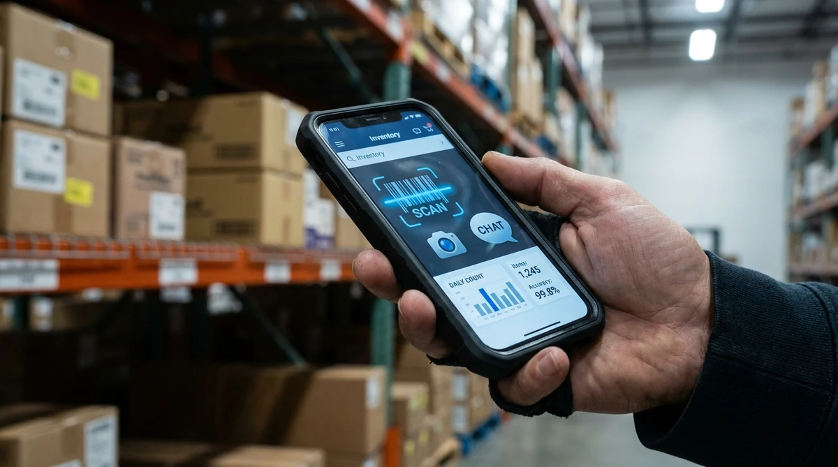Smartphone displaying inventory app icons for scanning, camera, and messaging