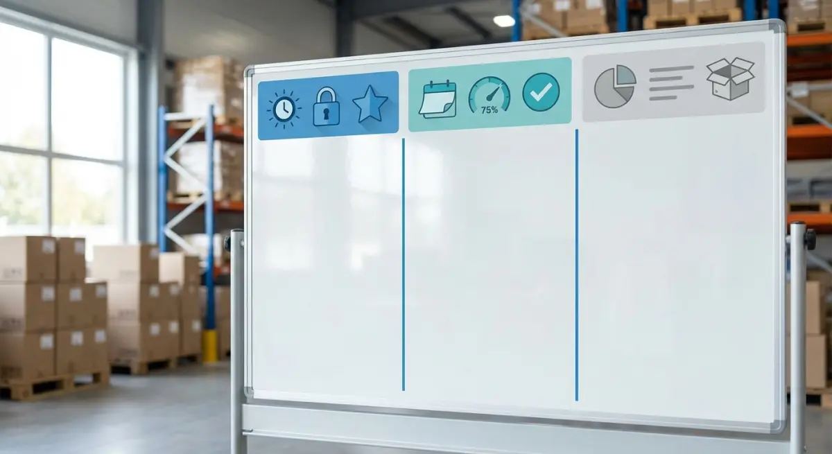 Map each ABC class to specific actions - counting cadence, reorder controls, and warehouse slotting. A whiteboard in a warehouse office showing ABC inventory action mapping with three columns for A, B, and C items listing count frequency, reorder rules, and location strategy.