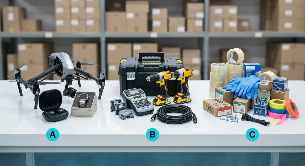 ABC analysis groups SKUs into three tiers by value impact - a few items drive most of the value. Three groups of products arranged on a warehouse table showing ABC classification: a small group of high-value A items, a medium group of B items, and a large group of low-cost C items.