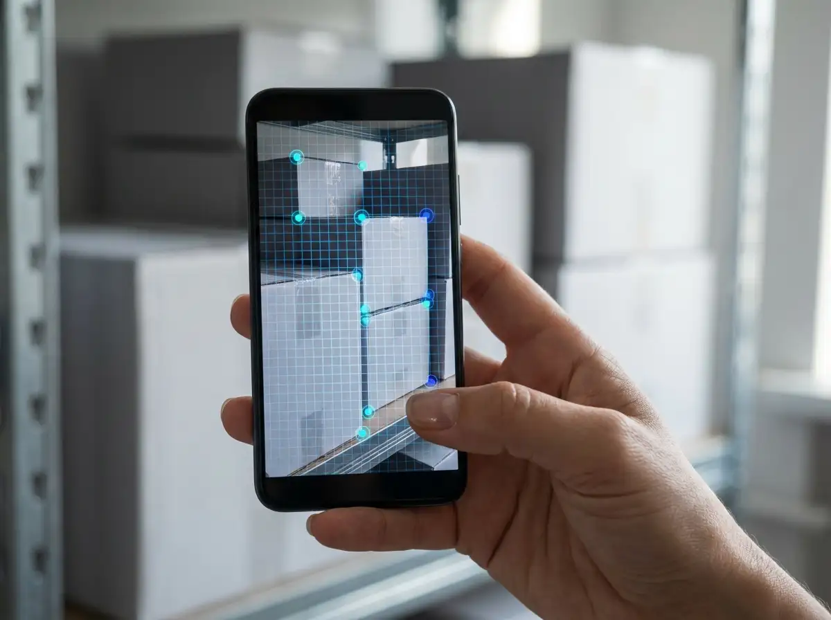 Smartphone screen showing an AI detection overlay with colored markers on each box in a warehouse pallet stack.