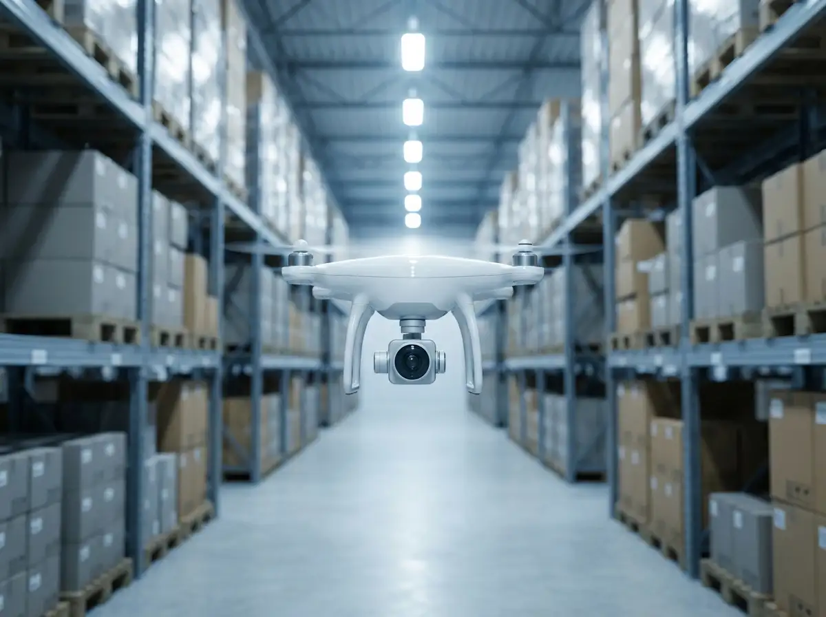 Autonomous drone flying through a high-bay warehouse aisle, scanning pallets on tall racking with an onboard camera.