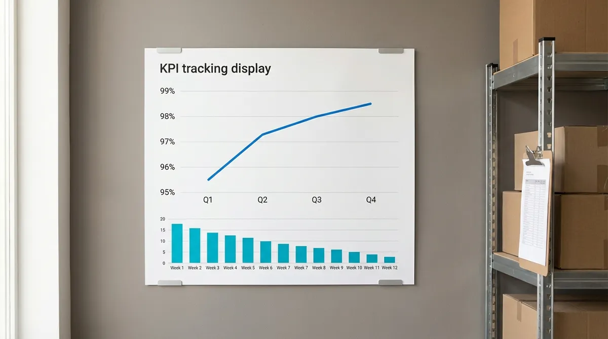 A KPI tracking display on a warehouse wall showing inventory accuracy trending from 95% to 99% and weekly variance decreasing over time.
