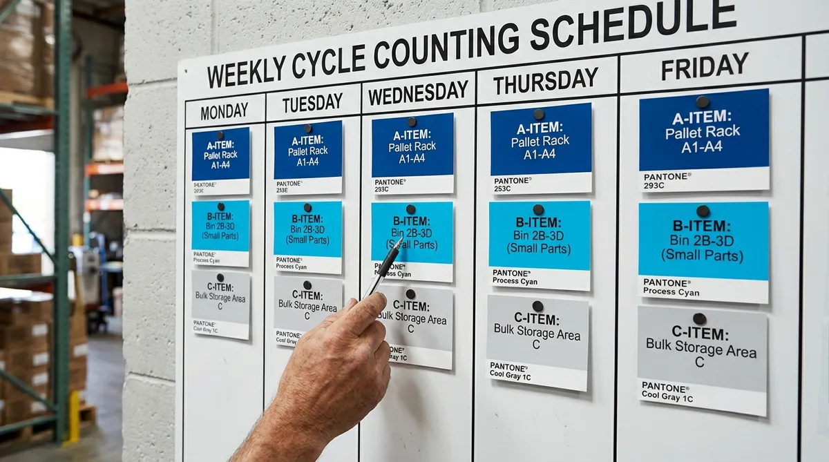 A weekly cycle counting schedule board on a warehouse wall with color-coded cards for A-items, B-items, and C-items across Monday through Friday.