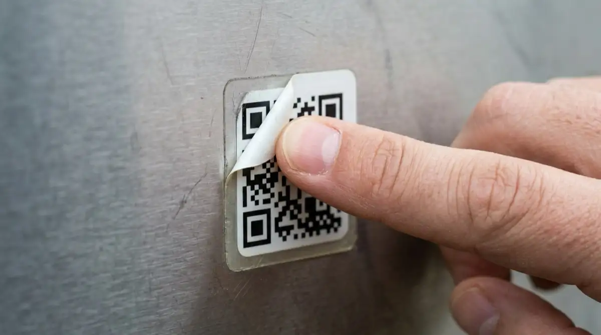 Close-up of a hand lifting the edge of a suspicious sticker placed over a QR code on a metal surface.