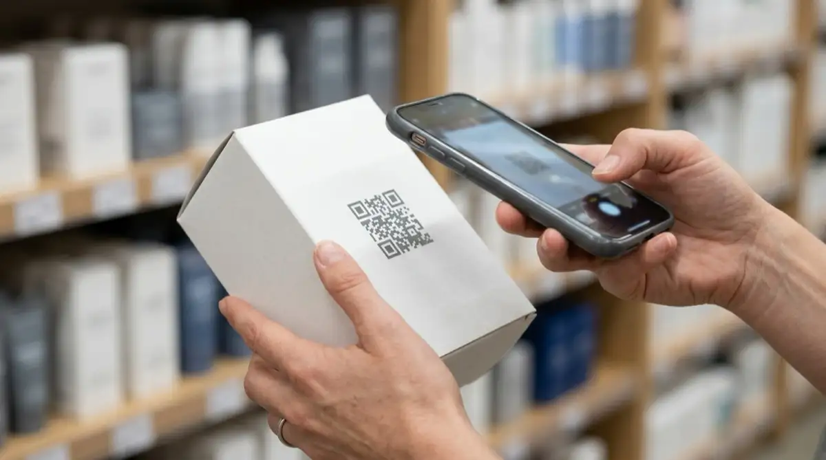 Customer scanning a plain product package with a square 2D barcode using a smartphone in a store setting.