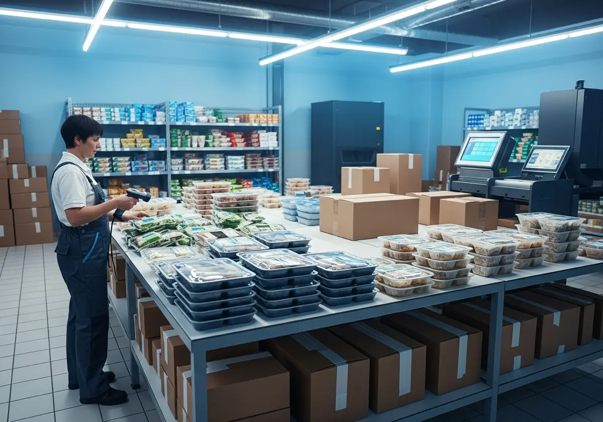 Receiving table with packaged food trays and cartons being scanned for batch and expiry control in a grocery backroom.