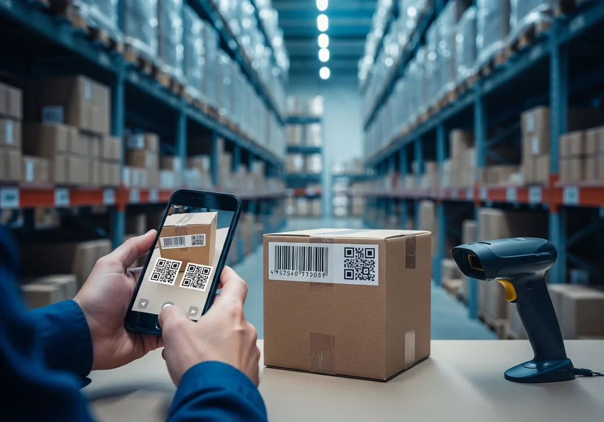 Hands using a smartphone to scan a dual-marked carton with both linear and 2D barcodes in a warehouse aisle beside a handheld scanner.