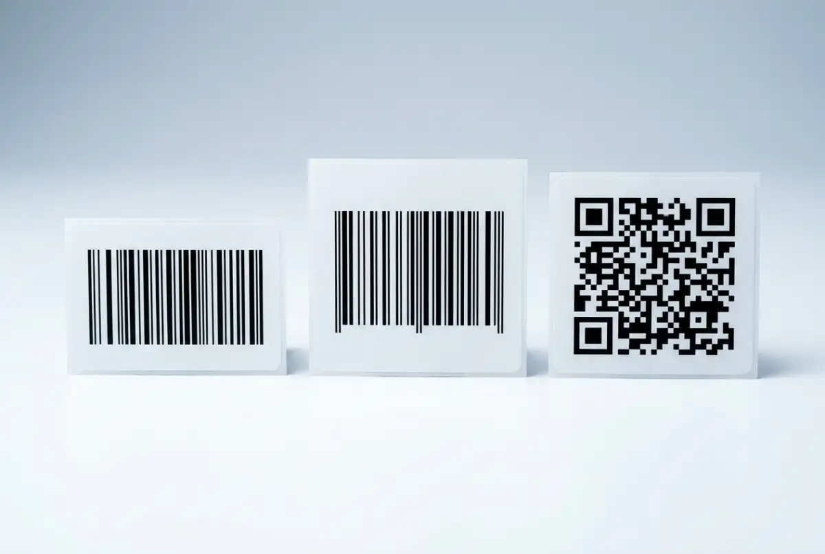Three barcode label types side by side: a linear Code 128 barcode, a taller EAN-13 retail barcode, and a square QR code, each printed on white label stock.