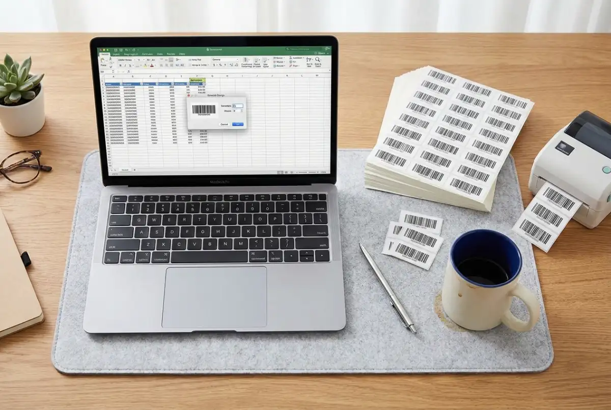 Overhead view of a workspace with a laptop showing a spreadsheet and barcode generation dialog, a stack of printed barcode label sheets, and a thermal printer.