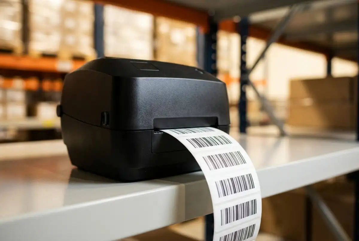 A compact black thermal label printer on a warehouse shelf, printing a continuous roll of barcode labels with racking and inventory visible in the background.