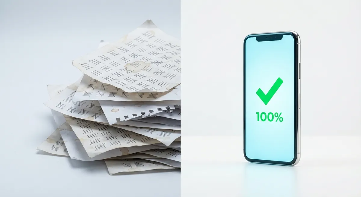 Comparison of messy paper inventory counting versus clean digital scanning on a smartphone