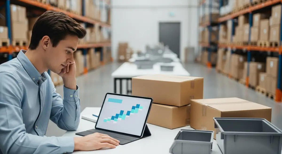 Inventory planner reviewing simple demand patterns on a tablet at a warehouse worktable beside cartons and storage bins.