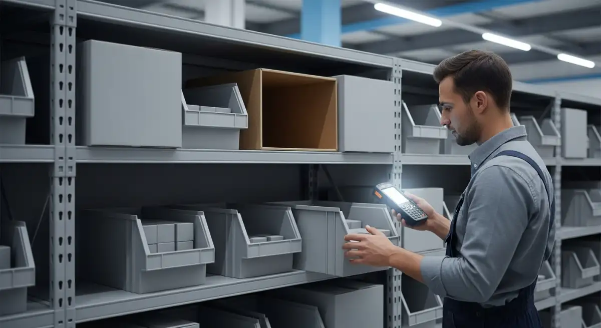 Warehouse worker scanning a partially empty shelf with plain bins, highlighting that lost sales can hide true demand.