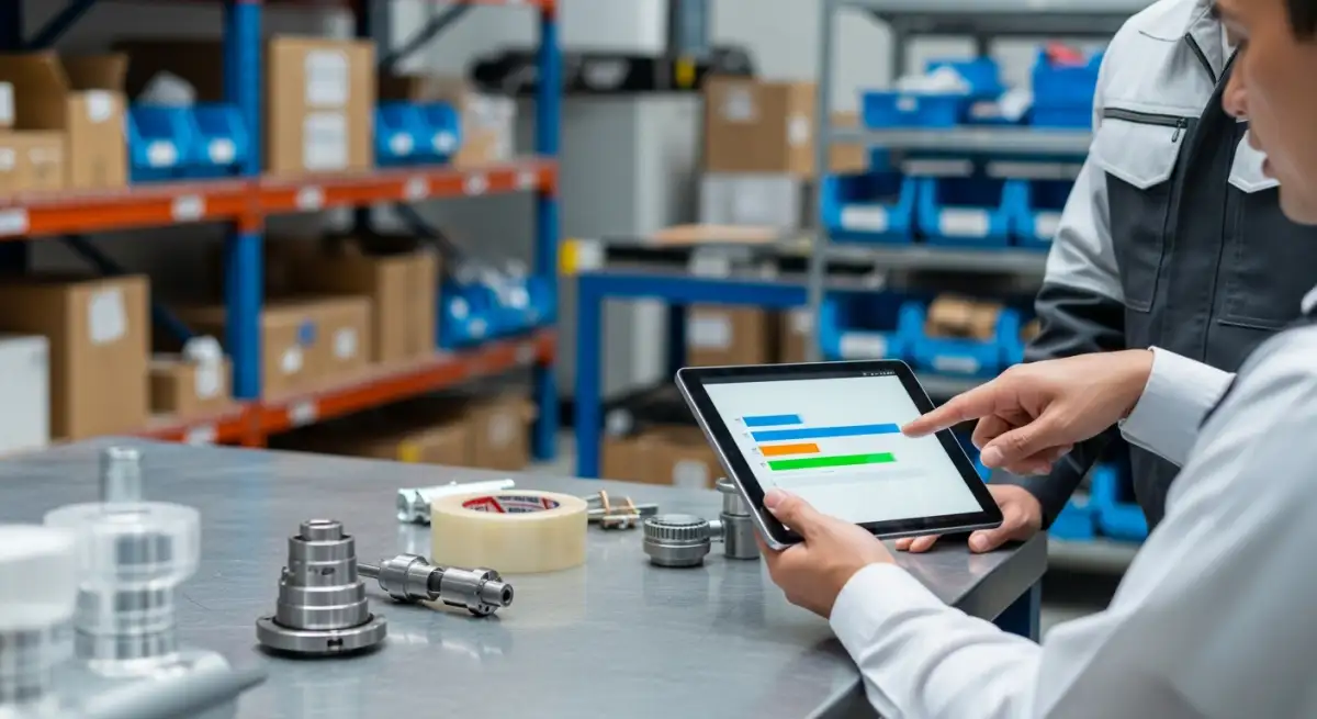 Operations staff reviewing a tablet with simple demand bars during a short warehouse-side inventory meeting.