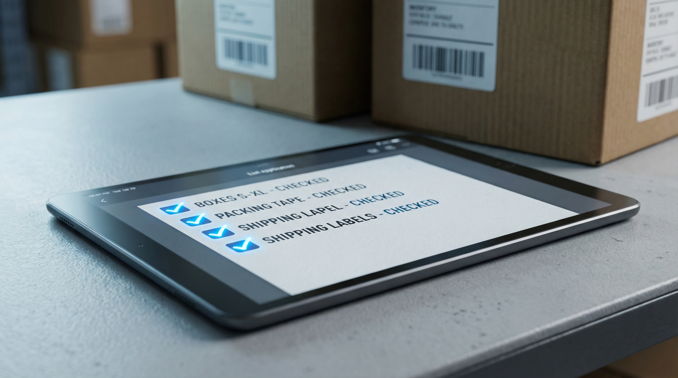 A warehouse manager checking a weekly inventory checklist on a tablet