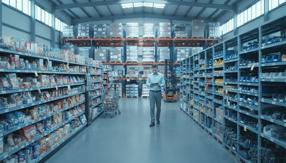 Turnover benchmarks only make sense when you compare businesses with similar inventory environments. A warehouse scene combining grocery-style shelves, pallet storage, and industrial spare-parts racks to illustrate that inventory turnover varies by industry.