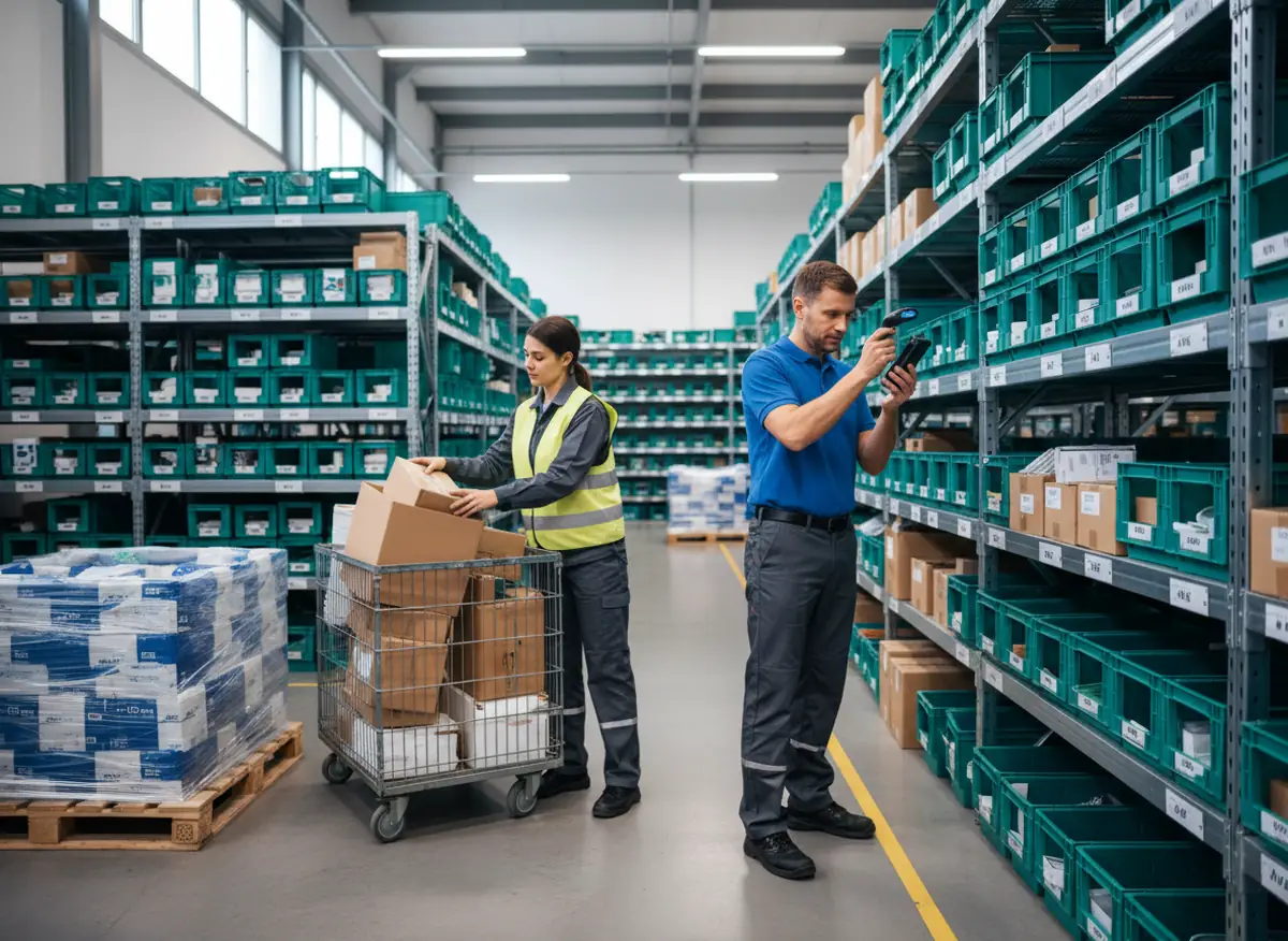 Improving turnover usually starts with accurate counts, dead-stock review, and tighter replenishment discipline. Warehouse staff scanning inventory and sorting slow-moving stock into a review cart during a turnover improvement routine.