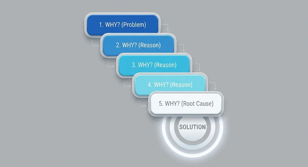 5 Whys root cause analysis diagram showing descending steps