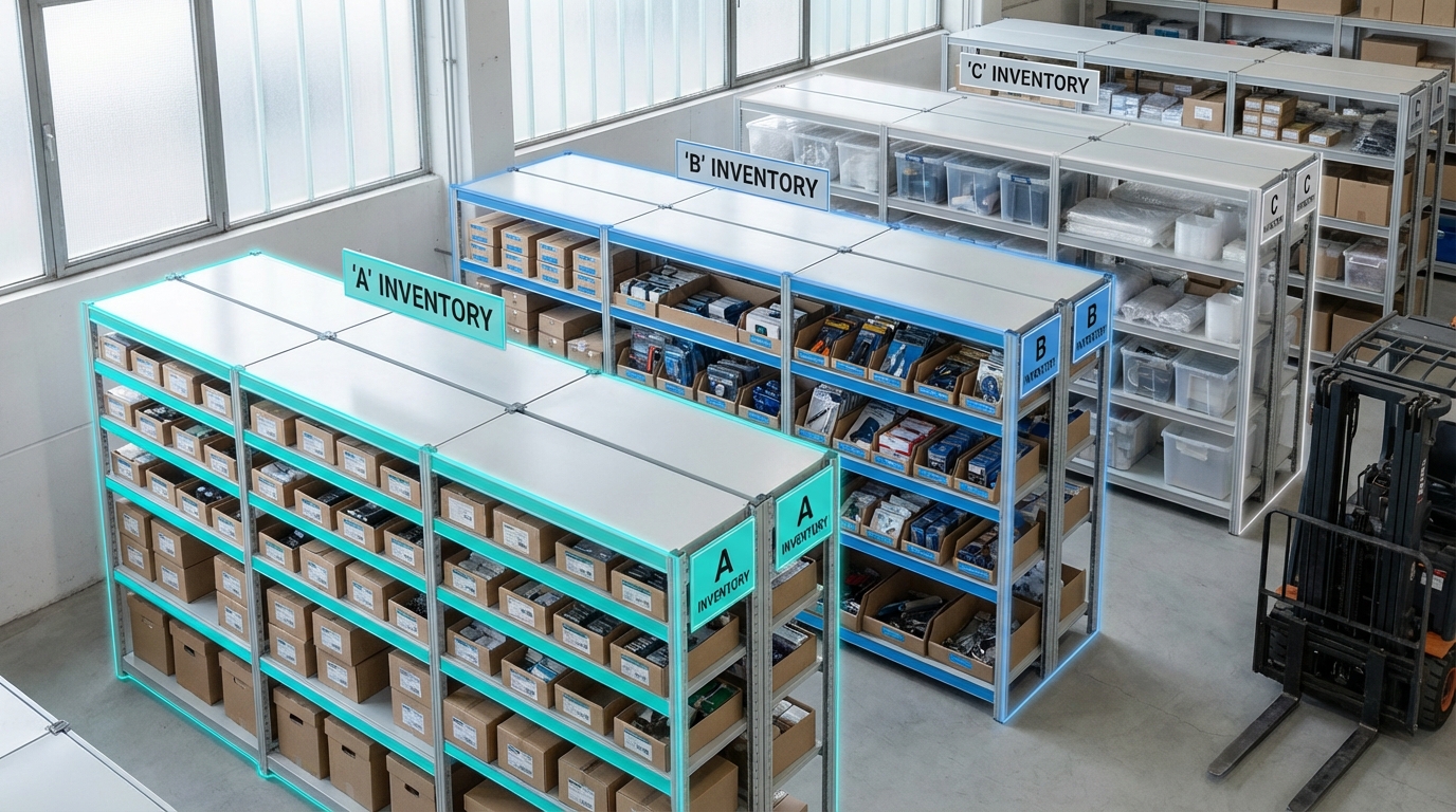 Isometric illustration of ABC inventory analysis showing items grouped by value