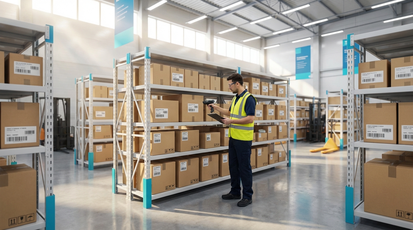 Futuristic digital twin of a modern warehouse showing cycle counting workflow