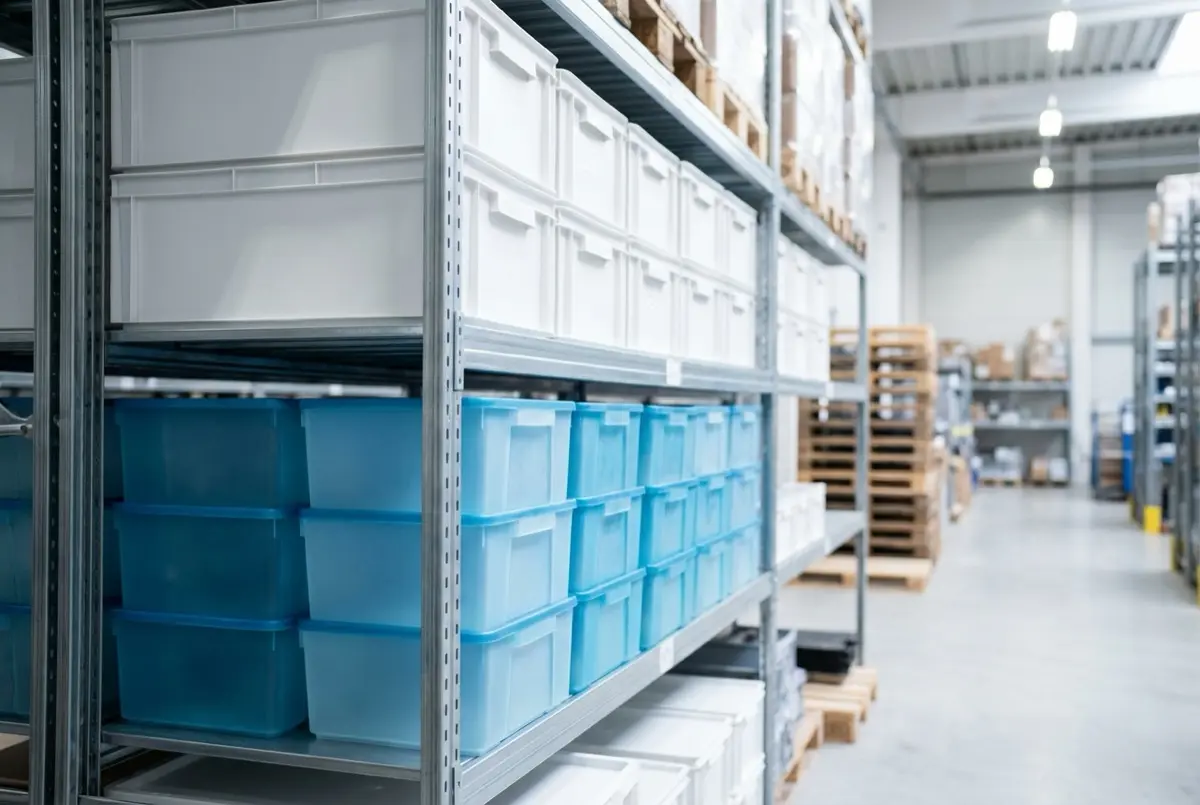 Warehouse shelving showing blue safety stock containers on the lower level with regular white inventory bins above, illustrating the buffer layer concept