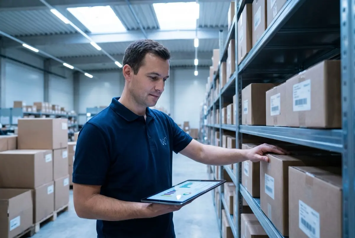 Warehouse worker holding a tablet while checking inventory levels on shelving, conducting a routine safety stock review