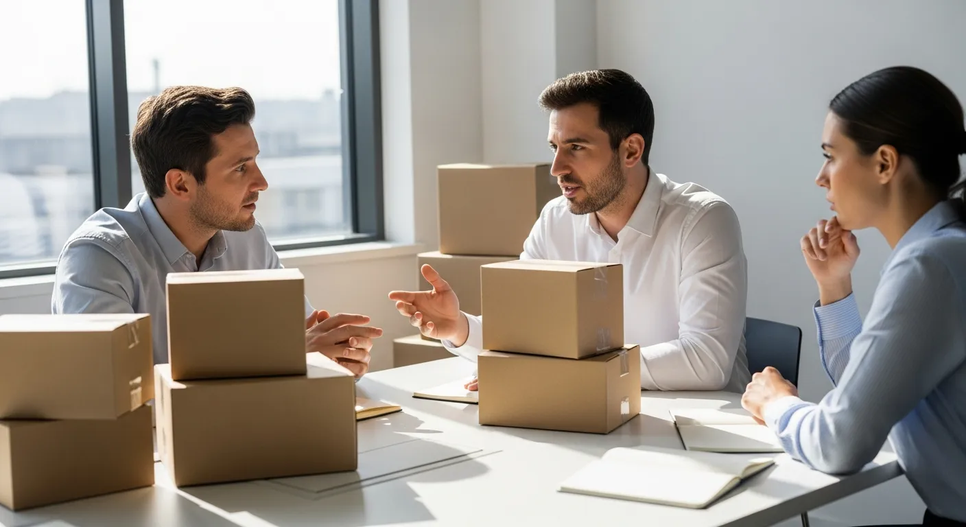 Cross-functional alignment turns SKU rationalization from a warehouse project into a business decision. Three coworkers discussing SKU decisions around a table with plain product boxes and notebooks.