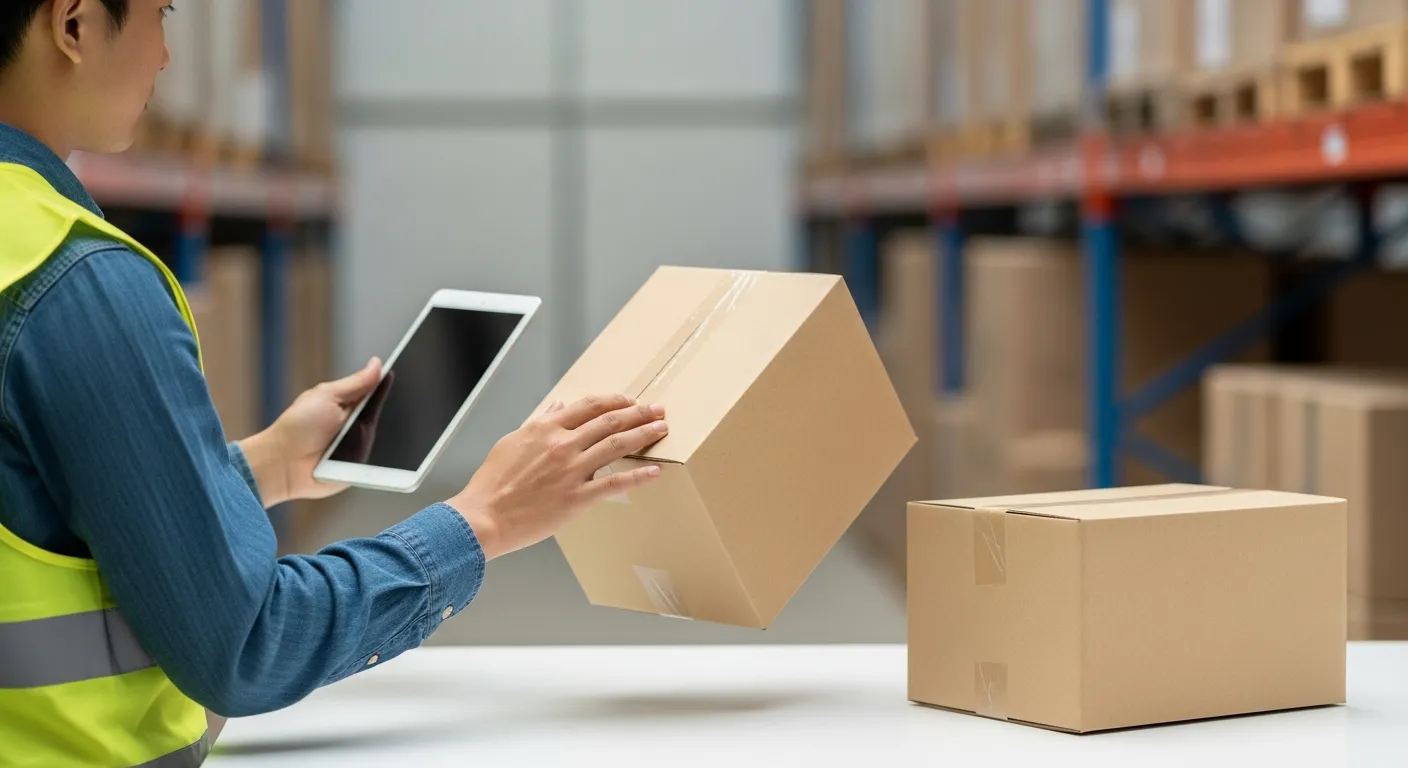 Reviewing each SKU against the same decision criteria makes it easier to separate core items from catalog clutter. Warehouse worker reviewing a plain carton with a tablet at a clean packing table.