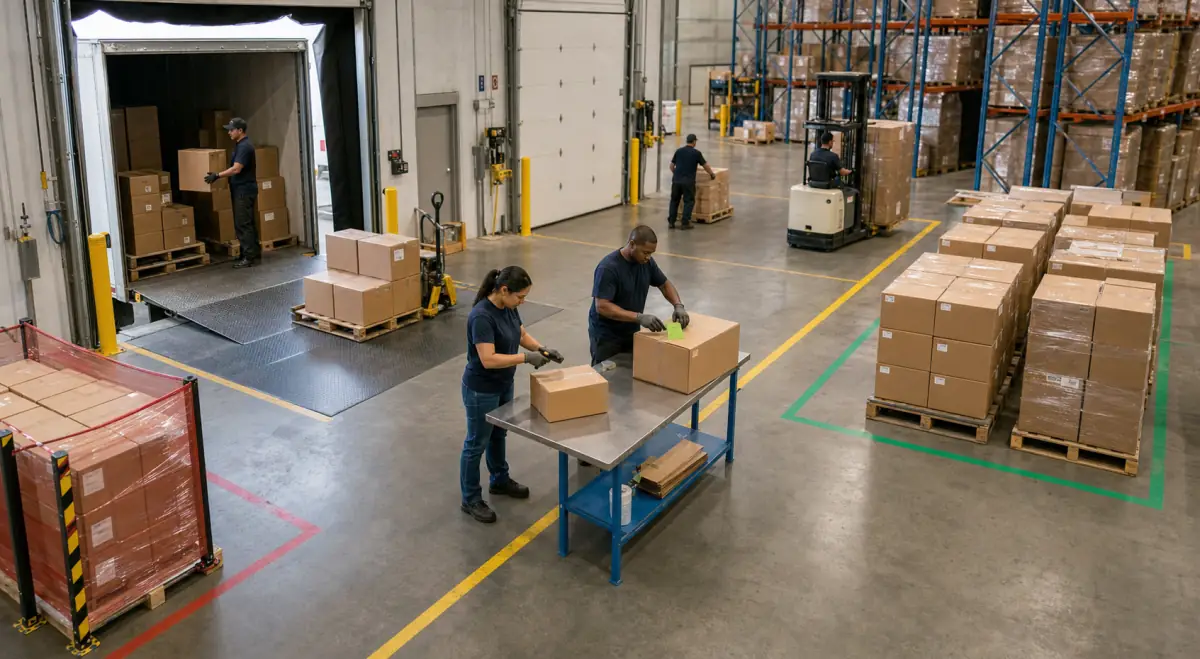 Warehouse receiving area with a loading dock, inspection table, marked staging lanes, and pallets moving toward putaway.