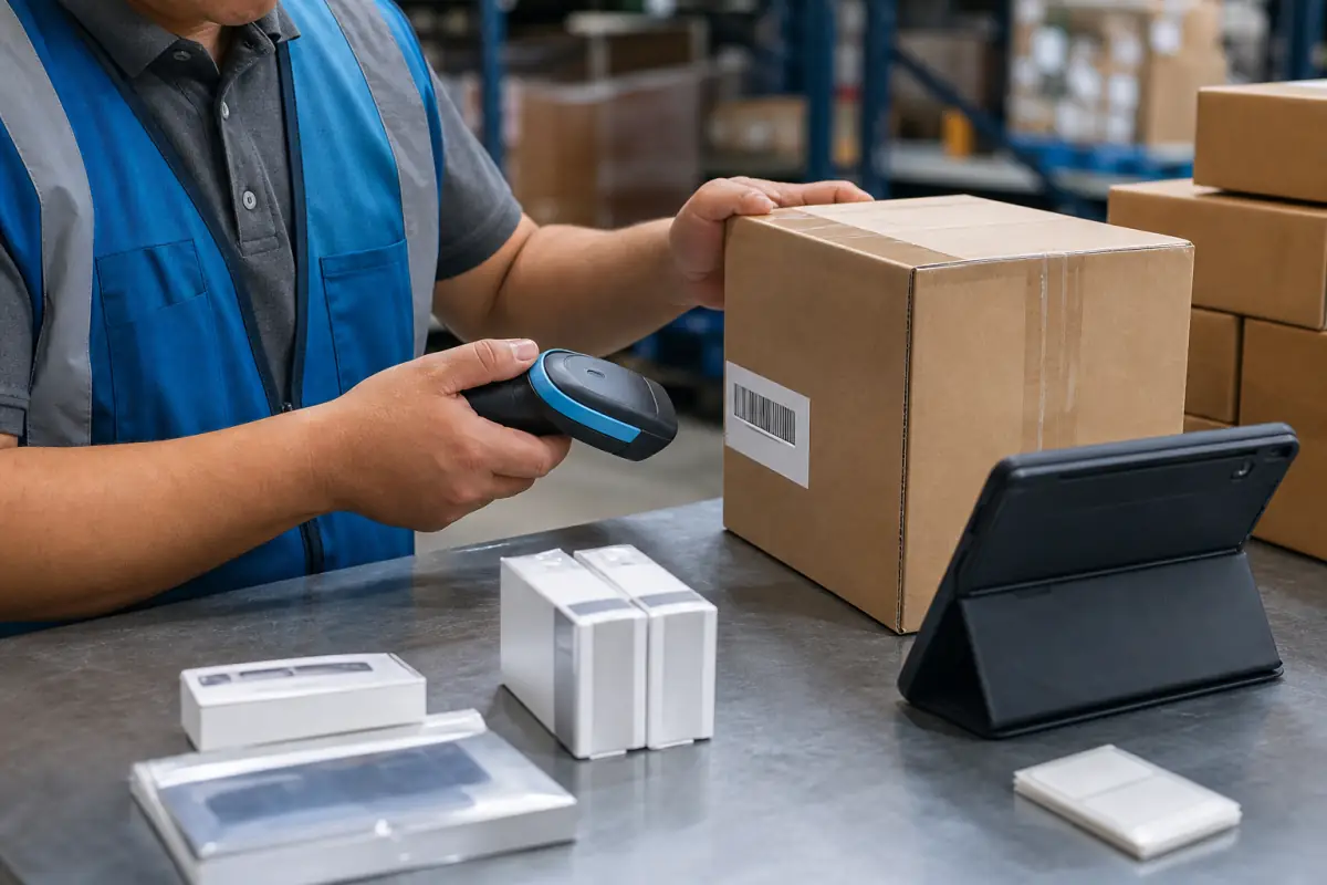 Receiver scanning a barcode on a carton at an inspection table with a tablet and sample products nearby.