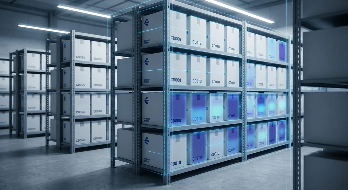 Organized warehouse shelves with neatly stacked boxes
